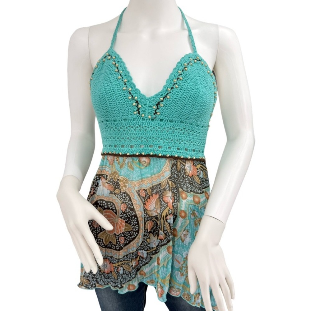 SOULMATES Large Halter Top Teal Crochet Beaded Paisley Boho Festival Fairycore